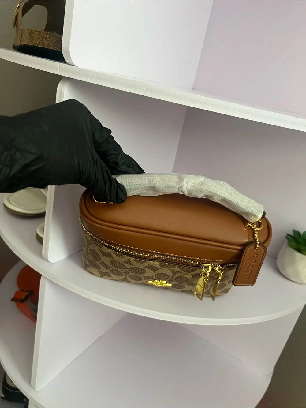 Coach Brown Signature Canvas Top-Handle Vanity Bag with Gold Hardware